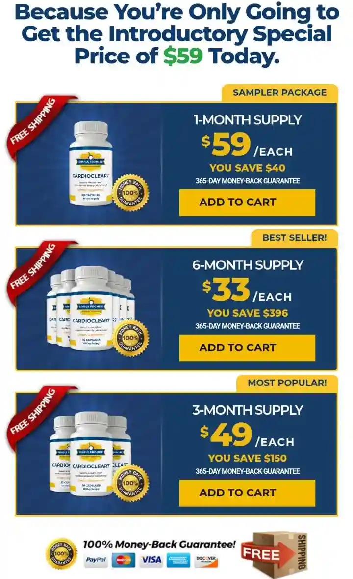 CardioClear7 Price Packages Mobile – 1 Bottle $69, 3 Bottles $49 Each, 6 Bottles $33 Each with Free Shipping