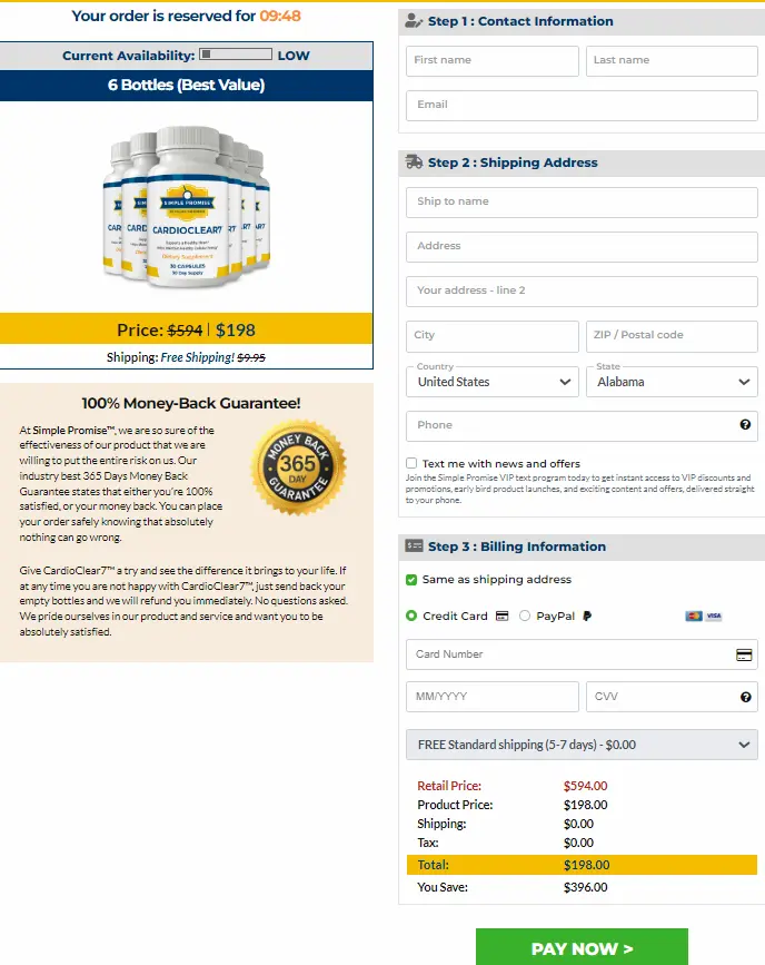 CardioClear7 secure checkout page for encrypted online order payment